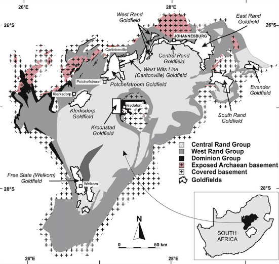 Geological map of the Witwatersrand Basin.